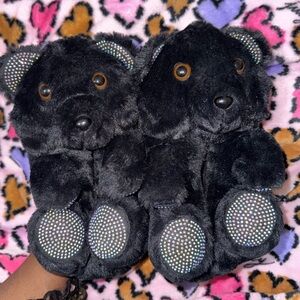 Plush Black Bear Slip-On Indoor Slippers with Sparkle Paws
